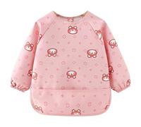 Baby Weaning Bib with Sleeves, Waterproof Washable Coverall for Feeding 0-24 Months, Long Sleeve Soft Bib with Large Pocket, Easy to Clean for Baby Led Weaning (Little Pink Bear)