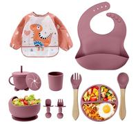 Baby Weaning Set, 11PCS Silicone Baby Plate with Suction Cup, Silicone Baby Bib, Spoon, Fork & Sippy Cup, Baby Tableware - Baby Dinnerware Set, Baby Gifts & Presents (Pink)