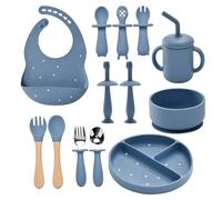Baby Weaning Set, 13PCS Silicone Feeding Set with Suction Plate, Bowl, Spoons & Forks,Bib, Sippy Cup,Toothbrush,Baby Weaning Essentials(Lake Blue)