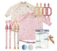 Baby Weaning Set - 2 Feeding Bibs, 4 Weaning Spoons, 2 Baby Cutlery Sets & Weaning Poster, BPA-Free, Perfect for Weaning and First Foods - Blush