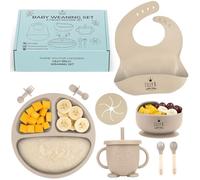 Baby Weaning Set - 9pc BPA Free Silicone Weaning Set with Suction Weaning Plate, Weaning Bowls, Sippy Cup, Weaning Bib, Weaning Spoons - Baby Led Weaning Kit for Babies & Toddlers (Cream)