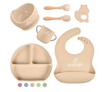 Baby Weaning Set by Bebefant™ | Suction Bowl | Suction Plate Baby | Cup | Adjustable Bib with Pocket | Bamboo Fork & Spoon for Baby Led Weaning | Baby Feeding Set (Neutral (Light Brown))