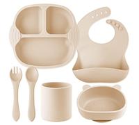 Baby Weaning Set - Suction Baby Plate and Bowl with Fork Spoon, Toddler Cup, Silicone Adjustable Bibs for Toddler Self Feeding, BPA Free Dishwasher and Microwave Safe (Natural)
