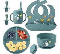 Baby Weaning Set with Pattern, Suction Bowls Sets, Silicone Baby Feeding Set, Baby Weaning Essentials with Adjustable Bib, Suction Plate, Cup, Spoon and Fork