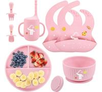 Baby Weaning Set with Pattern, Suction Bowls Sets, Silicone Baby Feeding Set, Baby Weaning Essentials with Adjustable Bib, Suction Plate, Cup, Spoon and Fork