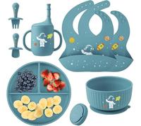 Baby Weaning Set with Pattern, Suction Bowls Sets, Silicone Baby Feeding Set, Baby Weaning Essentials with Adjustable Bib, Suction Plate, Cup, Spoon and Fork