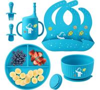 Baby Weaning Set with Pattern, Suction Bowls Sets, Silicone Baby Feeding Set, Baby Weaning Essentials with Adjustable Bib, Suction Plate, Cup, Spoon and Fork