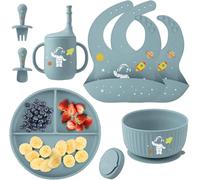 Baby Weaning Set with Pattern, Suction Bowls Sets, Silicone Baby Feeding Set, Baby Weaning Essentials with Adjustable Bib, Suction Plate, Cup, Spoon and Fork