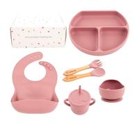 Baby Weaning Set with Suction Bowl, Divided Plate, Bib, Spoon, Fork, Cutlery & Sippy Cup - Silicone Feeding & Eating Set - 6 Piece Baby Led Weaning. Colour - According to Availability Blue or Pink