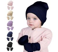 Baby Winter Knitted Hat Mittens Set Kids Warm Beanie Hat with Gloves Children Autumn Winter Thermal Cap Skiing Hat Anti Scratch Gloves Boys Girls Outdoor Sports Skull Cap Gloves Set for 2-5Y Toddler