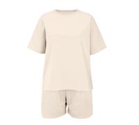 Baby with Blanket Fashionable Printed Trendy Round Neck Set Loose Sports Short Sleeved Shorts Two Piece Set (Beige, 11-12 Years)