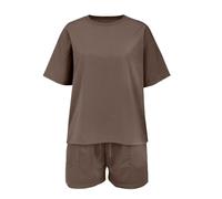 Baby with Blanket Fashionable Printed Trendy Round Neck Set Loose Sports Short Sleeved Shorts Two Piece Set (Brown, 9-10 Years)
