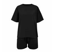 Baby with Blanket Fashionable Printed Trendy Round Neck Set Loose Sports Short Sleeved Shorts Two Piece Set (Black, 9-10 Years)