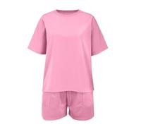 Baby with Blanket Fashionable Printed Trendy Round Neck Set Loose Sports Short Sleeved Shorts Two Piece Set (Pink, 12-13 Years)
