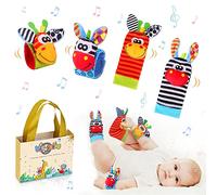 Baby Wrist Rattles & Footfinder Set Soft Animal Baby Rattles Toys for Over 0 Month Infant Development 4Pcs (Style 1)
