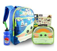 Baby Yoda Backpack with Lunch Box Set - Bundle with 16" Mandalorian Backpack, Star Wars Lunch Bag, Stickers, Water Bottle, More | Baby Yoda School Bag for Boys, Kids