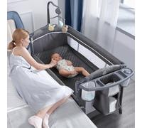 BabyBond Baby Bassinet Bedside Crib, Pack and Play with Sheet, Diaper Changing Table and Music Mobile from Newborn to Toddles, Portable Large Playard Gray
