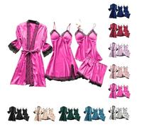 Babydoll Lingerie for Women Sleepwear Lace Satin Negligees Cami Top and Shorts Pjs Set with Robe Summer Pyjamas Sets Babydoll Lingerie Pj Nighties Bridal Honeymoon Bridesmaid Nightwear Hot Pink