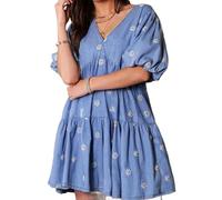 Babydoll Mini Jean Dress for Women - Tiered Short Sleeve A Line Denim Dress with Daisy Embroidered