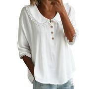Babydoll Tops for Women Peter Pan Collar Lace Trim Button Up Blouse Y2K 3/4 Sleeve Cute Clothes(White, XL)