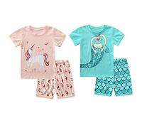 Babylike 4 Pieces Pajamas Sets Little Girls Sleepwears 100% Cotton Clothes Toddler Kid PJs(Pink Unicorn S/Blue Mermaid S,3 Years)