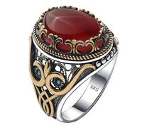 Babylon Silver Genuine Solid 925 Sterling Silver Bronze Mens Authentic Turkish Vintage Gemstone Red Agate Oval Ring