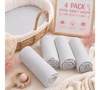 BABYMAM 4 Pack Jersey Fitted Sheets 75 x 30 cm for Moses Basket, Pram Carrycot & Bassinet, 100% Cotton Jersey, Soft Breathable Stretch Fitted Baby Mattress Sheets, Elasticated All Around (Light Grey)
