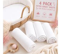 BABYMAM 4 Pack Jersey Fitted Sheets 75 x 30 cm for Moses Basket, Pram Carrycot & Bassinet, 100% Cotton Jersey, Soft Breathable Stretch Fitted Baby Mattress Sheets, Elasticated All Around (White)
