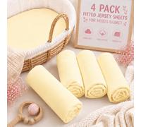BABYMAM 4 Pack Jersey Fitted Sheets 75 x 30 cm for Moses Basket, Pram Carrycot & Bassinet, 100% Cotton Jersey, Soft Breathable Stretch Fitted Baby Mattress Sheets, Elasticated All Around (Yellow)