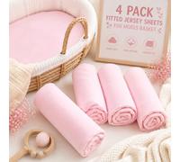 BABYMAM 4 Pack Jersey Fitted Sheets 75 x 30 cm for Moses Basket, Pram Carrycot & Bassinet, 100% Cotton Jersey, Soft Breathable Stretch Fitted Baby Mattress Sheets, Elasticated All Around (Pink)