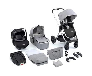 Babymore Memore V2 Travel System 13 Piece Silver - 3-in-1 Pram Travel System, Foldable, Reclining Baby Pushchair, Premium Pecan i-Size Car Seat with ISOFIX Base & Essentials, 0-4 Years | Up to 22 Kg