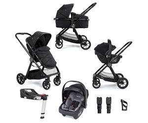 Babymore Mimi Travel System Coco i-Size Black Car Seat with ISOFIX Base - 3 in 1 Pram Pushchair, Easy Folding & Convertible Carrycot to Pushchair Seat with Adaptors, Foot Muff, Rain Cover & Cup Holder