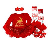 BabyPreg Baby Girls My First Christmas Santa Costume Party Dress 4PCS (3-6 Months, Red Deer&Flash)