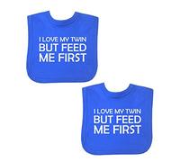 BabyPrem Baby Pack of 2 Bibs Twins Girls Boys Feed Me First 2 Blue