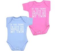 BabyPrem Baby Twins 2 Bodysuits Vests Think I'm Cute See Twin 0-3 MTH PINK BLUE