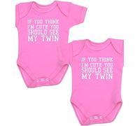 BabyPrem Baby Twins 2 Bodysuits Vests Think I'm Cute See Twin 0-3 MTH Pink Pink