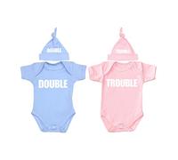 BabyPrem Baby Twins Bodysuit & Knotted Hat Set Double Trouble Pink & Blue Newborn