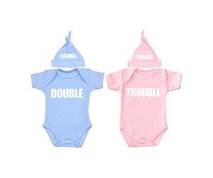 BabyPrem Premature Baby Twins Bodysuit & Knotted Hat Set Double Trouble Pink & Blue Prem 2