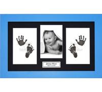 BabyRice Baby Boy Hand & Footprints Kit/Black Inkless Prints/Blue Frame with Black Mount Display