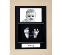 BabyRice Baby Casting Kit / 11.5x8.5" Real Beech Wood Frame/Black 3 Hole Portrait Mount/Black Backing/Silver Paint
