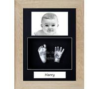 BabyRice Baby Casting Kit / 11.5x8.5" Solid Oak Frame/Black 3 Hole Portrait Mount/Black Backing/Silver Paint