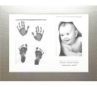 BabyRice Baby Hand and Footprint Kit with Silver Frame White 3 mount (Black Inkless Wipe)