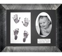 BabyRice Baby Hand/Footprint Inkless Wipe Kit with 11.5x8.5" brushed Pewter effect Display Frame/Black mount