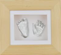 BabyRice New Baby Casting Kit with 6x5" Natural Pine 3D Box Display Frame/White Mount/White Backing/Silver Paint