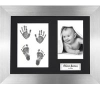 BabyRice New Baby Handprint Footprint Kit, Inkless Wipe with Brushed Pewter Display Frame, Black Mount 0-3 yrs