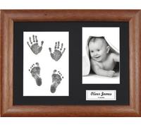 BabyRice New Baby Handprint Footprint Kit, Inkless Wipe with Dark Wood Display Frame, Black Mount 0-3 yrs