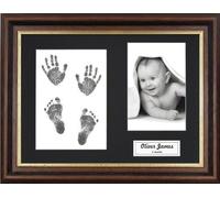 BabyRice New Baby Handprint Footprint Kit, Inkless Wipe with Mahogany/Gold Trim Display Frame, Black Mount 0-3 yrs