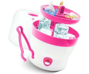 Babyruf BS 29b Steriliser for Baby Bottles, Steam Steriliser & Vaporiser, Up to 6 Bottles, Easy to Use, Baby First Equipment Newborn, Bottle Cleaner, Baby Accessories, White/Pink