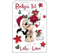 Baby's 1st Christmas Card - Special Baby - Dog and Gifts - Festive Design - Special Finishes and Illustrated Insert Leaf - Made in the UK