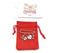 Baby's First Christmas 2022 Nappy Safety Pin Keepsake Charms with Red Gift Bag and Gift Card - Baby Letter Blocks and Teddy Bear